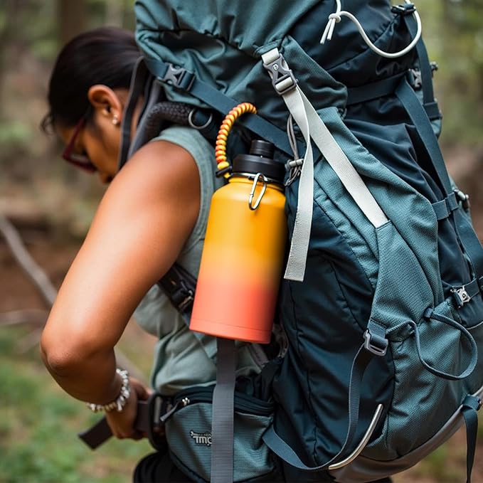 Half Gallon Water Bottle with 2 Lids (Straw & Spout), 304 Stainless Steel Sports Insulated Bottle with Handle, 64 oz Vacuum Double Walled Water Jug with Wide Mouth, BPA Free, Yellow&Orange