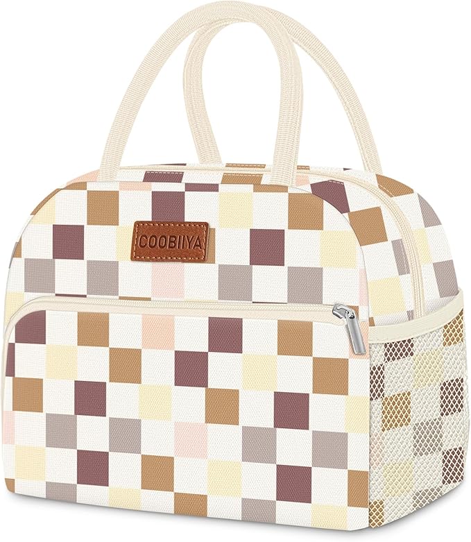 Coobiiya Lunch Bag for Women Men, Cute Corduroy Lunch Tote Bags Insulated Reusable LunchBox Large Capacity Cooler Bag for Work Travel Picnic Brown check