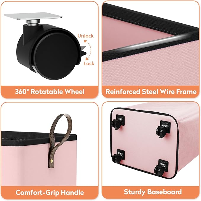 Laundry Basket with Wheels, Collapsible Laundry Baskets, Laundry Hamper with Handles Detachable Wheels, Rolling Laundry Basket, Dirty Clothes Hamper for Bathroom, Dorm, Bedroom, Pink, 80L