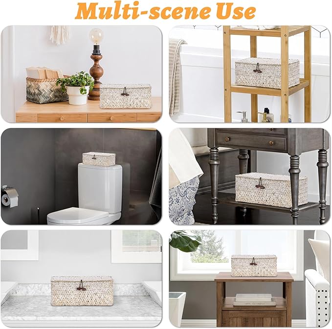 Sumnacon Small Wicker Basket with Lid Rectangle Woven Baskets for Toiletries Tampon Storage,Wicker Storage Basket with Lid,Decorative Seagrass Storage Baskets for Shelf Bathroom Toilet Table,Whitewash