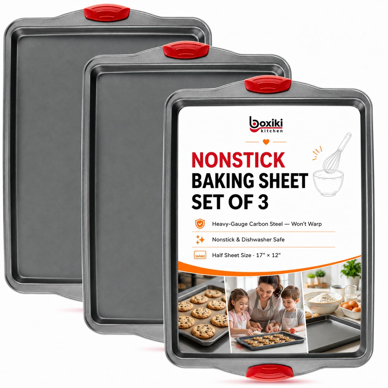 Premium Nonstick Baking Sheet Pans – Set of 3, Heavy-Gauge Carbon Steel, Warp, Dent, and Rust-Resistant – Gourmet Rimmed Half Cookie Sheet Trays, Non-Toxic for Exceptional Baking Performance