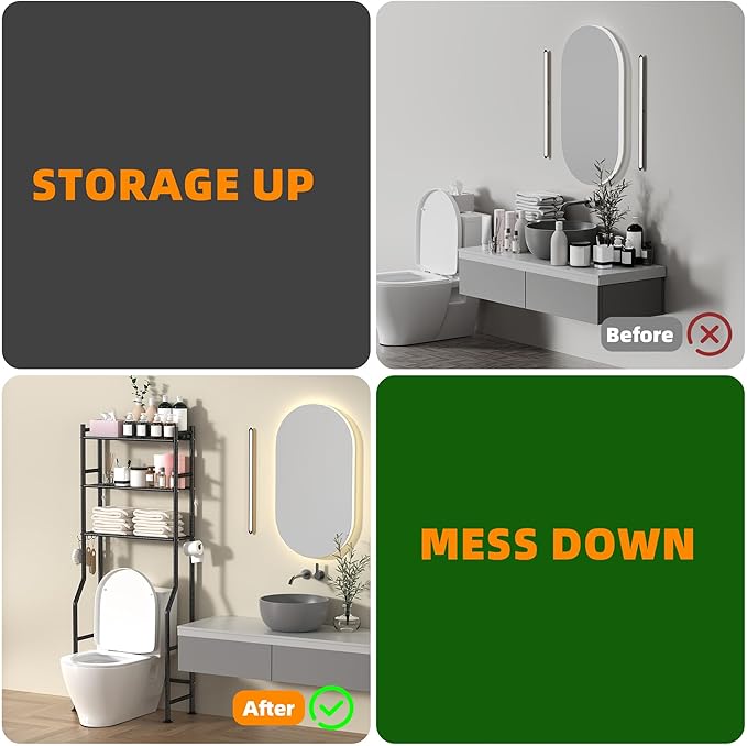 3-Tier Over The Toilet Storage, Space Saver Metal Bathroom Shelves, Freestanding Above Over Toilet Storage Shelf with 4 Hooks for Bathroom, Snow Black