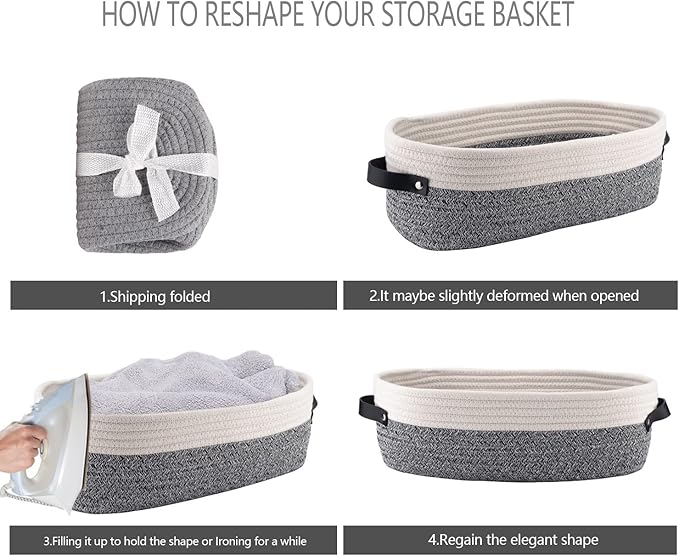 2 Pack Small Cotton Rope Woven Basket Toilet Paper Baskets for Organizing Decorative Basket for Boho Decor Small Storage Basket 13"x5.9"x4" Variegated Gray&White