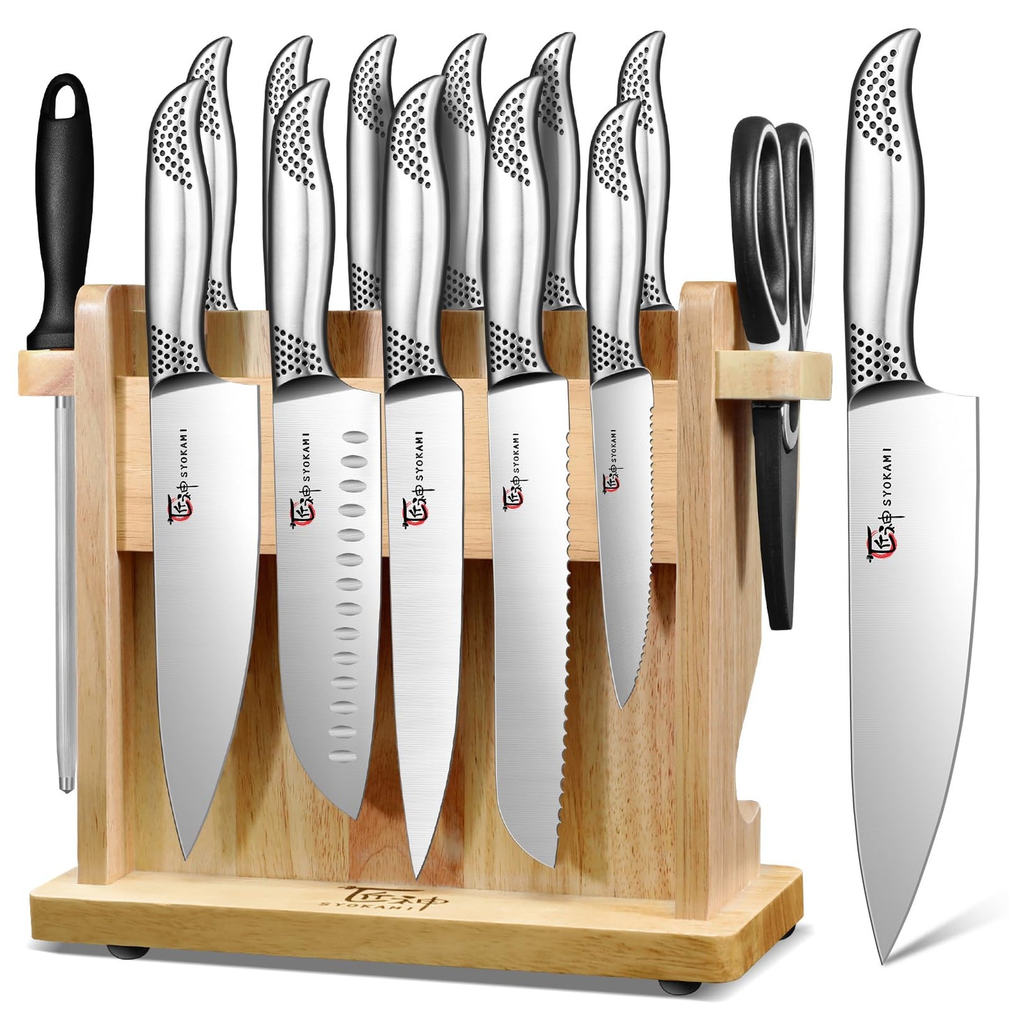 SYOKAMI Japanese Knives Set for Kitchen, Magnetic Knife Set with Block and Sharpener, Stainless Steel Knife Set as Gift for Couple, Wedding, Women or Mom with Gift Box, 14 PCS Red Dot