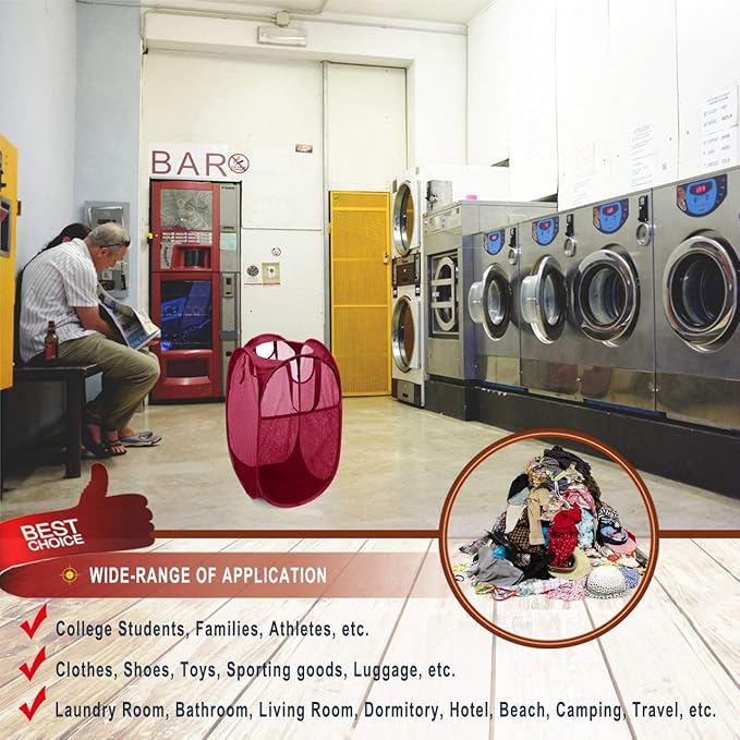 Strong Mesh Pop-up Laundry Hamper, Quality Laundry Basket with Durable Handles Solid Bottom High Carbon Steel Frame, Easy to Open and Fold Flat for Storage (Red)