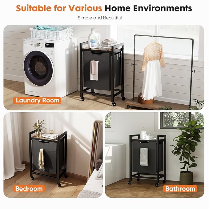 DUMOS Laundry Hamper with 1 Pull-Out Removable Sorter Bags, Movable Wheels, Freestanding Clothes Basket Organizer in Bathroom, 1 × 18.3Gal (69L) Capacity, Rustic Brown and Black
