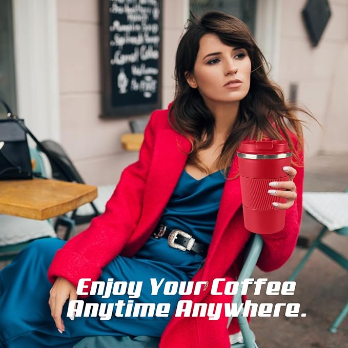 Vacuum-Insulated Stainless Steel Travel Coffee Mug, Leak-Proof Reusable Coffee Cup with Lid - Keep Hot & Cold Drinks for Hours, Durable Insulated Tumbler for Men & Women(3rd-Red, 12OZ)