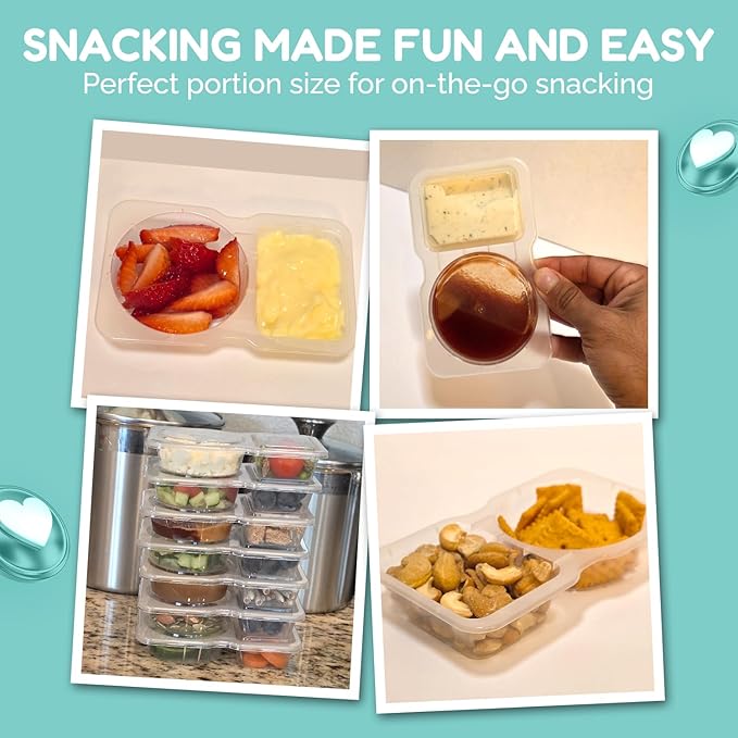 Reusable Snack Containers with Lids 20Pcs, Portion control containers, Snack Pack Containers,2 Double Compartment Snack Containers for Kids On the Go Meals, Camping Condiment Snack Tray Prep
