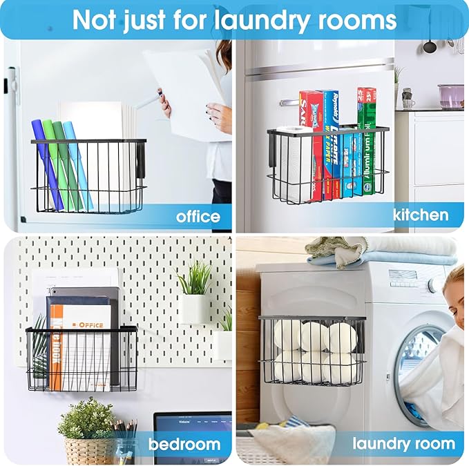 Magnetic Laundry Room Organizer Rack – Matte Black Storage Shelf for Washer or Dryer Side – Magnetic Mount, No Drill – Includes 4 Utility Hooks – Holds Detergent, Dryer Balls, Supplies