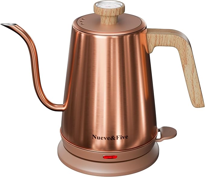 Nueve&Five Electric Gooseneck Kettle with Thermometer, 1.0L Pour Over Hot Water Kettle for Coffee and Tea, 1000W, Auto Shutoff, Boil-Dry Protection, White