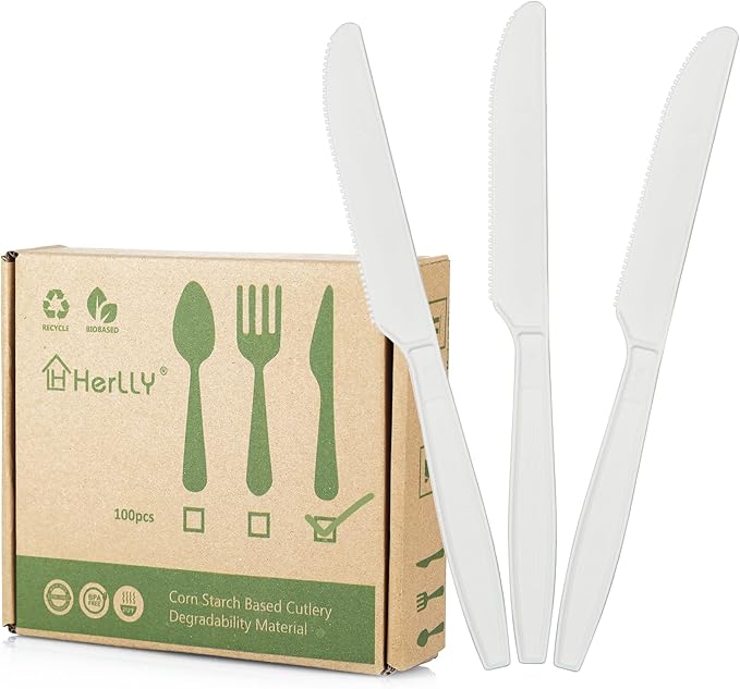 HERLLY Compostable Fork,100 Biodegradable Silverware for Party,Large Disposable Utensils Eco Friendly Durable and Heat Resistant,Alternative to Plastic Fork
