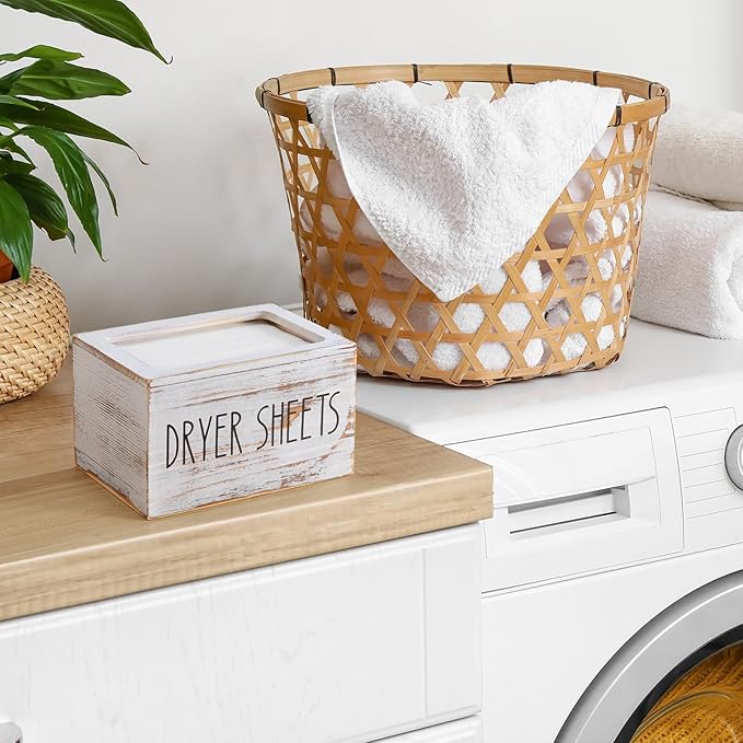 Dryer Sheet Holder, White Washed Wood Laundry Sheets Container, Laundry Room Organization and Storage for Farmhouse Laundry Room Decor and Accessories, Fabric Sheet Dispenser