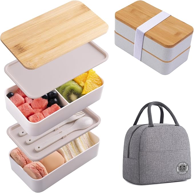 Japanese Bamboo Bento Box with Compartments and Utensils Stackable Lunch Box Includes Lunch Bag for Meal Prep Black