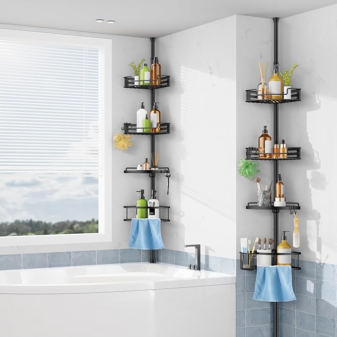 HAMITOR Corner Shower Caddy Tension Pole: Quick Installation 4-Tier Rustproof Bathroom Organizer Shelves for Bathtub Shampoo Storage - 47-121 inch Adjustable Floor Standing Bath Rack Holder - Black