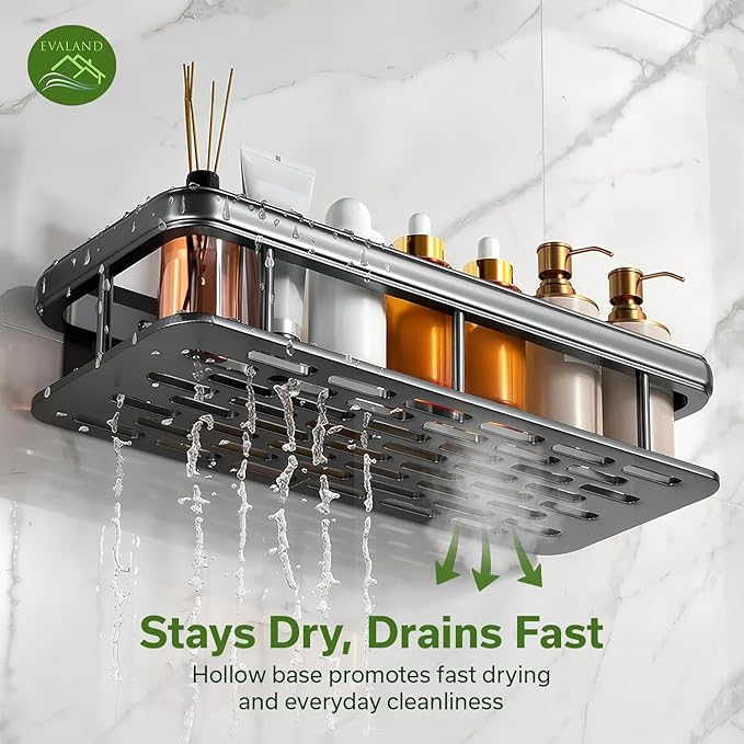 EVALAND Shower Caddy Adhesive 2-Pack with Hooks and Rod for Towels, Black – Premium Bathroom Shower Shelves, Shampoo Organizer, Bathtub Shelf, Rustproof, Easy Installation, Sturdy Modern Look