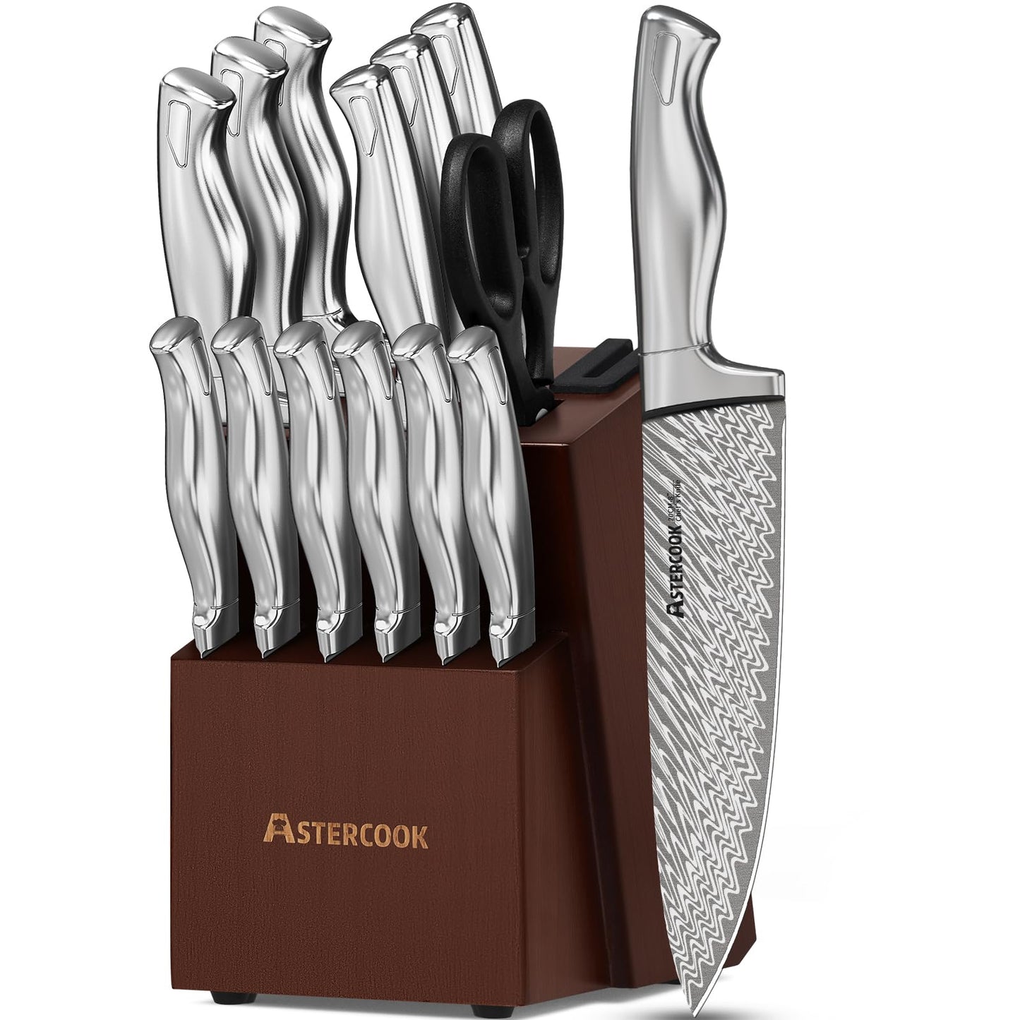 Astercook Knife Set, 15-Piece Kitchen Knife Set with Block, Built-in Knife Sharpener, German Stainless Steel Knife Block Set, Dishwasher Safe Kitchen Utensils Set