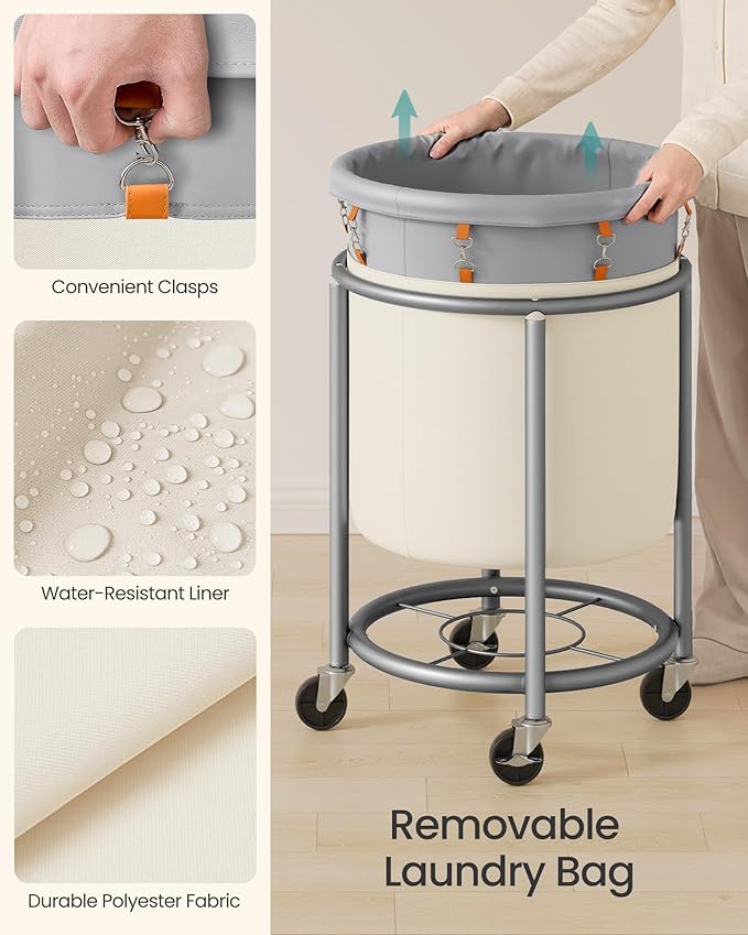 SONGMICS 29-Gallon (110 L) Laundry Basket with Wheels, Rolling Round Heavy-Duty Laundry Hamper Cart with Steel Frame and Removable Bag, 2 Locking Wheels, Dove Gray and Cream White URLS002GD02