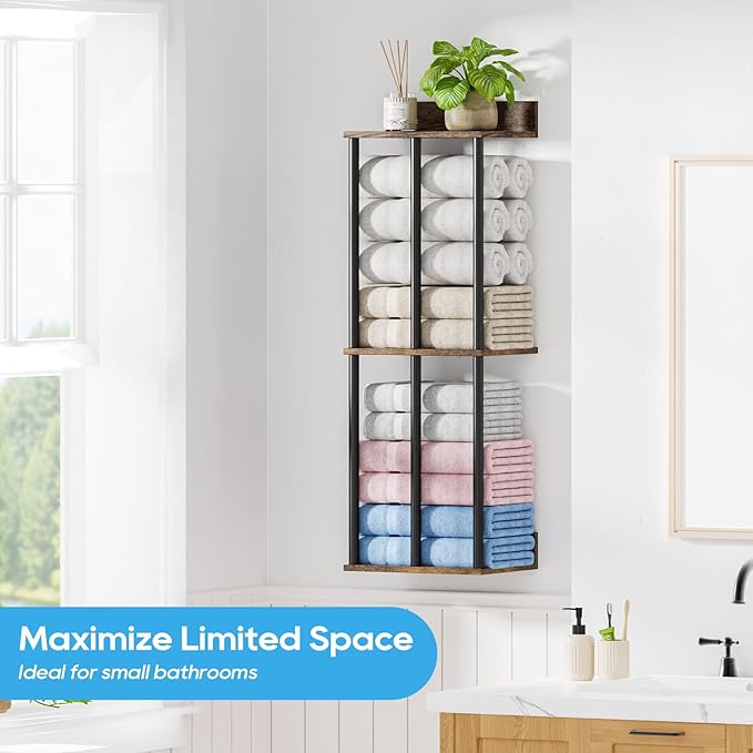 Towel Racks for Bathroom Wall Mounted with Wooden Storage Shelf, Updated 3 Bar Metal Towel Holder for Rolled Towels, Sturdy and Large Capacity, Towel Storage Organizer