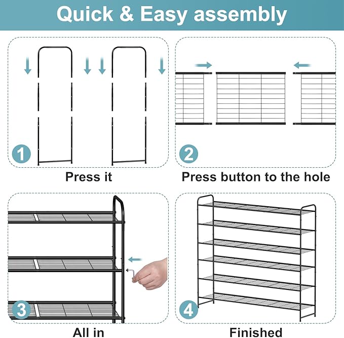 AOODA Long 6 Tier Metal Shoe Rack for Closet Wide Stackable Shoe Storage Organizer for Entryway, Bedroom, Floor, 42-Pairs Men Sneakers Shoe Shelf with Wire Grid, Black