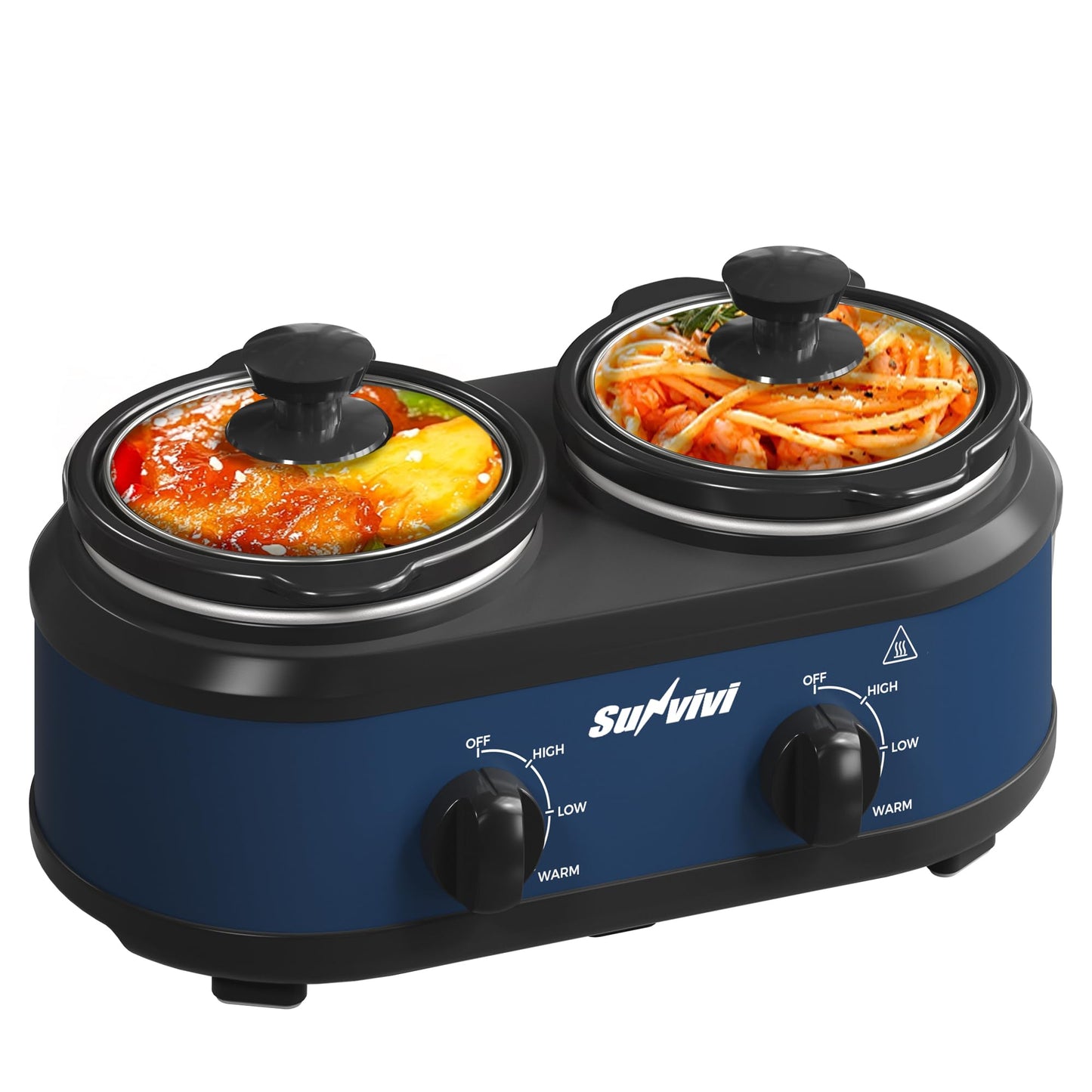 Sunvivi Double Slow Cooker,2 Pot Small Mini Crock Buffet Servers and Warmer,Dual Pot Oval Manual Slow Cooker with Adjustable Temp Removable Ceramic Pot,Stainless Steel, Total 2.5 Quarts Red