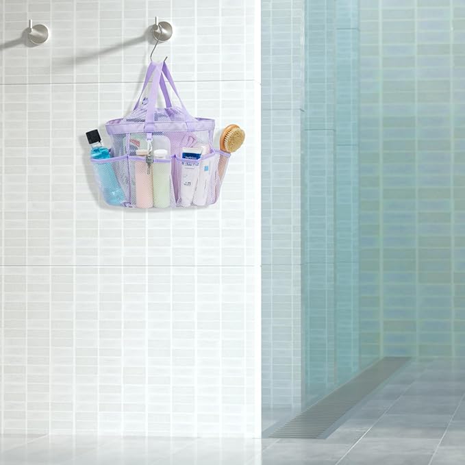 F-color Mesh Shower Caddy Portable with Drawstring - Large 8 Pockets Dorm Room Essentials for Guys Girls with S Hook, Shower Bag Basket Tote for College Camping Gym Travel Toiletry Bathroom, Purple