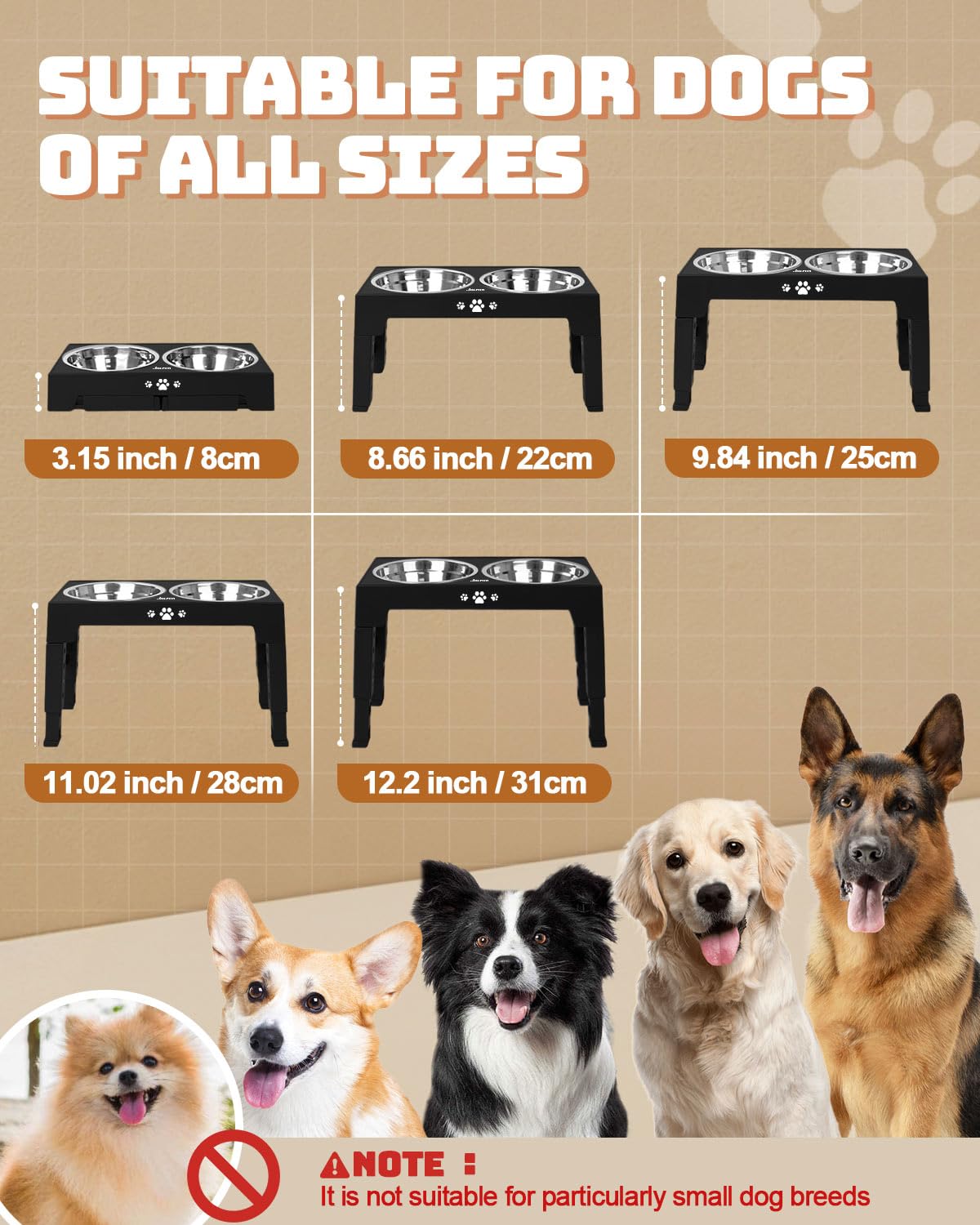 Jovrun Elevated Dog Bowls, Dog Feeder with 2 Stainless Steel Dishes &1 Slow Feeder Bowl, 5 Heights Adjustable Raised Stand for Medium Large, Food Dishes with Non-Slip Feet