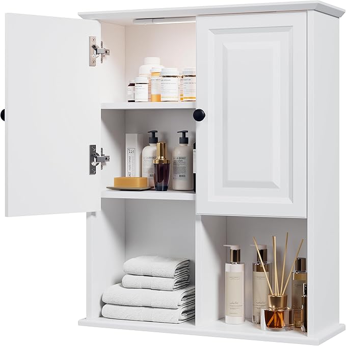 HAIOOU Bathroom Wall Cabinet with Motion Sensor LED Light, Wooden Medicine Cabinet Wall Mounted Cupboard, Over Toilet Storage Cabinet with Buffering Hinges and Adjustable Shelf - Modern White