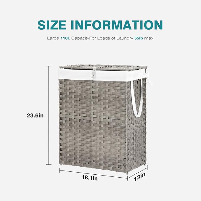 DUMOS Wicker Laundry Basket with Lid, 24 Gallon (91L) Woven Laundry Hamper with Handles, Foldable Rattan Clothes Hamper with Removable Liner & Sturdy Steel Frame, Dove Gray