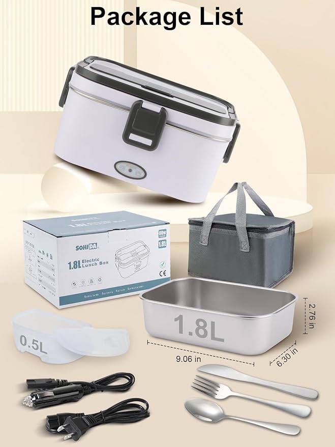 1.8L+0.5L Heated Lunch Box for Men, 80W Electric Lunch Box with Long-handled Utensils for Adults, 12V/24V/110V Lonchera Eléctrica Portátil, Portable Food Warmer for Car/Truck/Office (White)