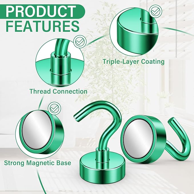 Magnetic Hooks, 8 Pack Strong Magnetic Hooks Cruise for Hanging, 25lbs Magnets with Hook for Cruise Cabins, Magnets for Whiteboard, Garage, Grill, Lock Accessories, Green