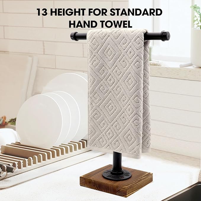 Hand Towel Holder, T-Shape Height 13'' Black Hand Towel Holder Stand, Free Standing Hand Towel Holder for Bathroom Countertop, Rustic Brown, TH006