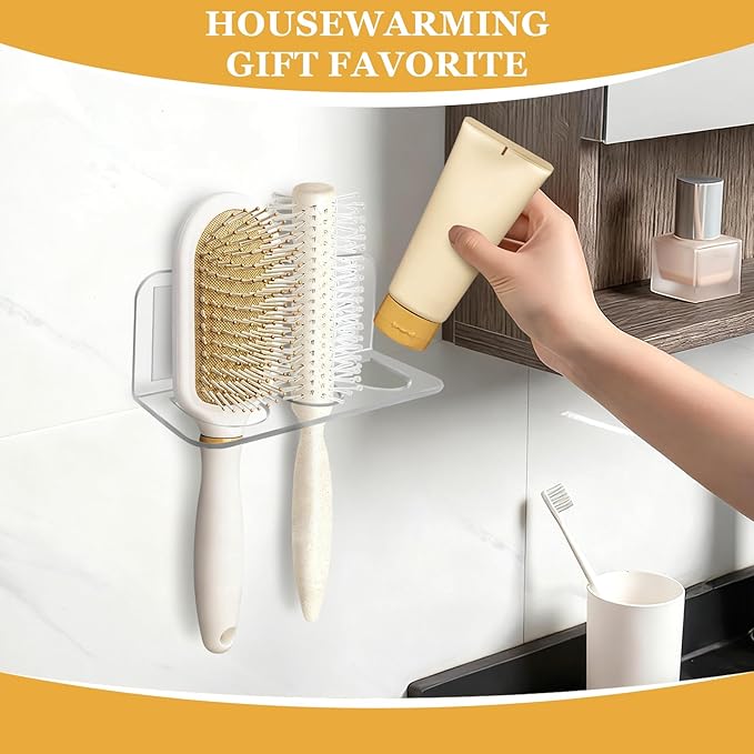2-Pack Acrylic Hair Brush Holder Wall Mounted, Bathroom Organizer with Industrial Adhesive for Combs, Round Brushes, Hair Tools, Space Saving Design (Transparent)