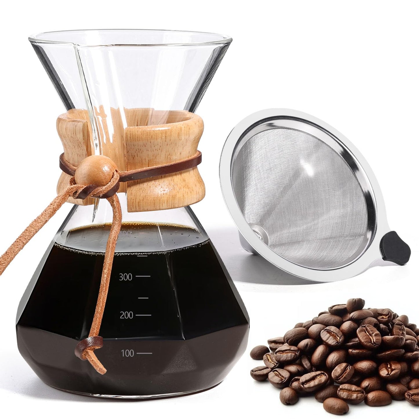 Yopinmall Pour Over Coffee Maker 20 OZ, 6 Cup Borosilicate Glass Drip Coffee Maker with Reusable Stainless Steel Filter and Cork Grip for Home Café 600 ML