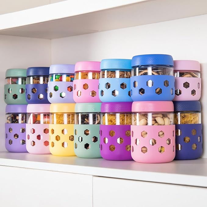 Gemice 8-Pack Overnight Oats Containers with Lids and Colorful Sleeves, 16 oz & 10 oz Airtight Glass Chia Pudding Mason Jars, Dishwasher Safe, Wide Mouth Meal Prep Jar for Yogurt Oatmeal