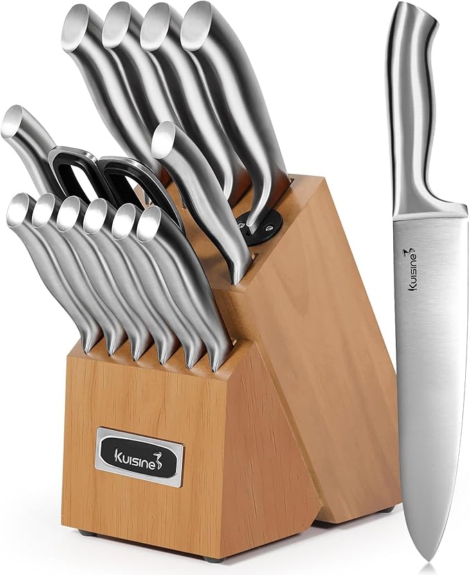 Kuisine Premium Sharp Knife Set Carbon Steel Forged,Ergonomic Handle Knife Block Set,Kitchen Block Knife Set,Chef Knife Set Built-in Sharpener(Silver Pro, 15PCS)