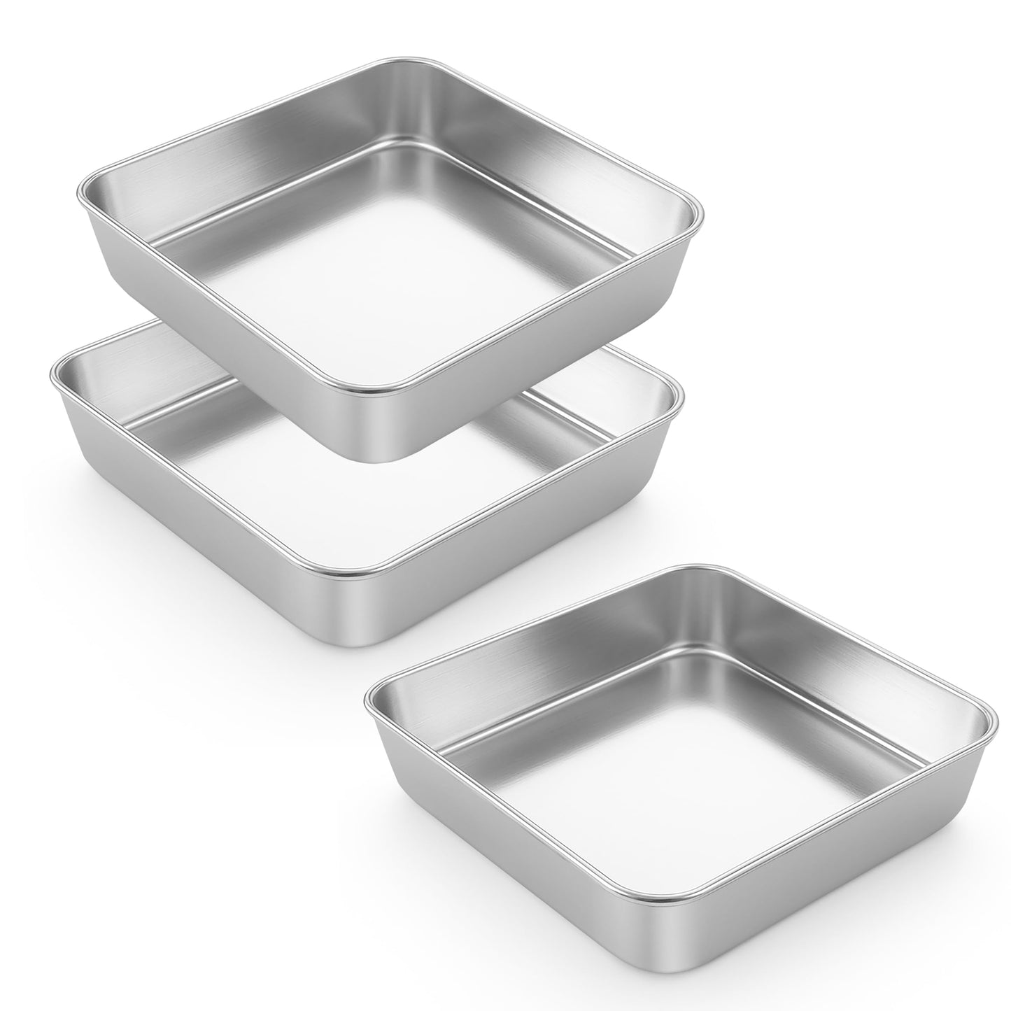 LIANYU 3 Pack 8 x 8 Inch Square Baking Cake Pan, Stainless Steel Cake Molds