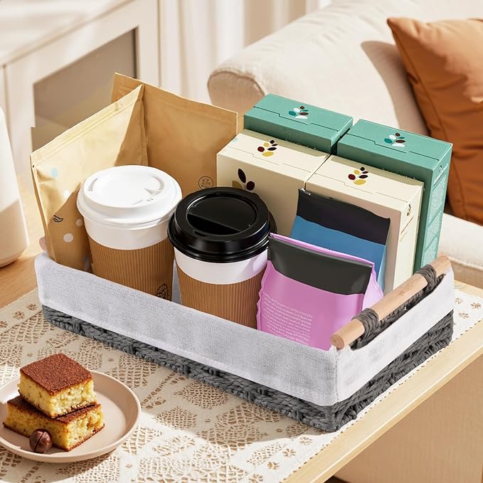HomeHacks 2 Pack Storage Basket Paper Rope Baskets for Organizing with Handle Decorative Storage Bins for Countertop Toilet Paper Basket for Toilet Tank Top Large Baskets, Grey