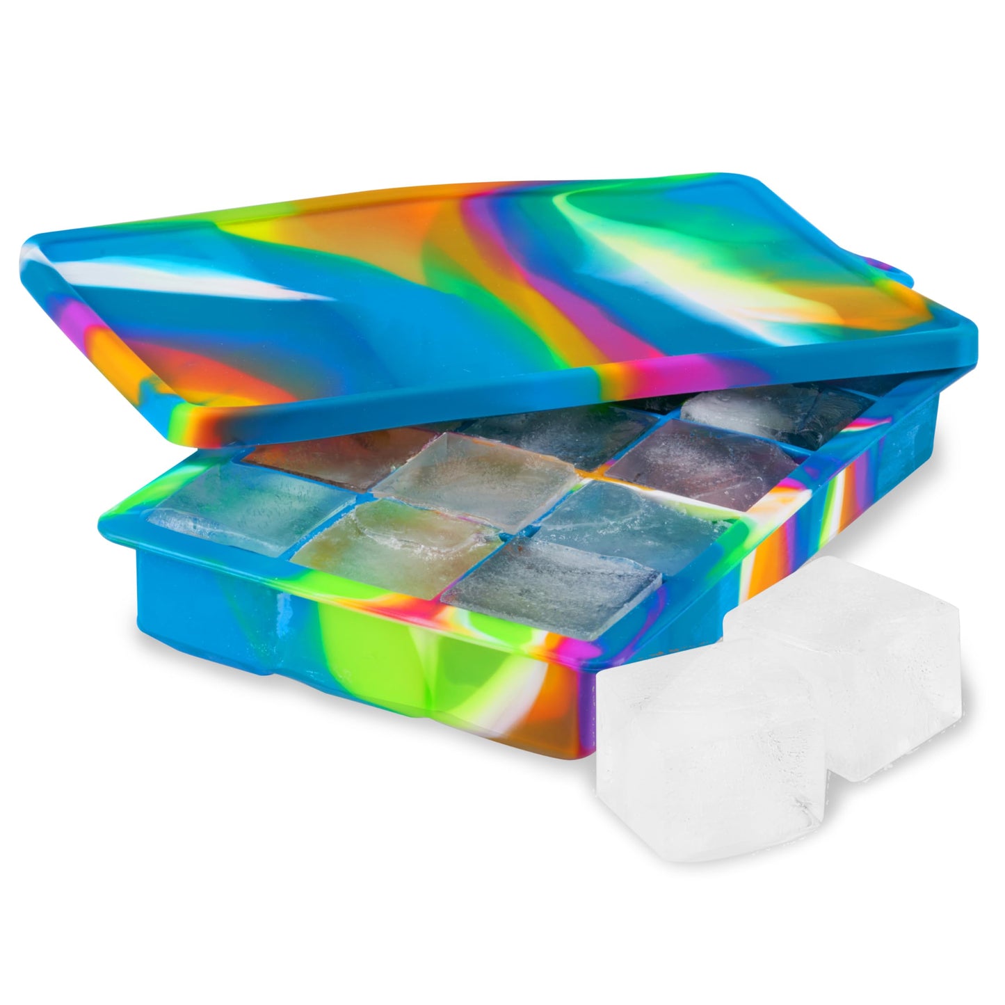 Host Ice Cube Tray with Lid, Makes 15 1.25" Cubes, Durable Silicone Trays, Perfect for Cocktails, Beverages, Mocktails, Iced Coffee, Tea, Infused Water, Kitchen Essentials, Set of 1, Blue Marble