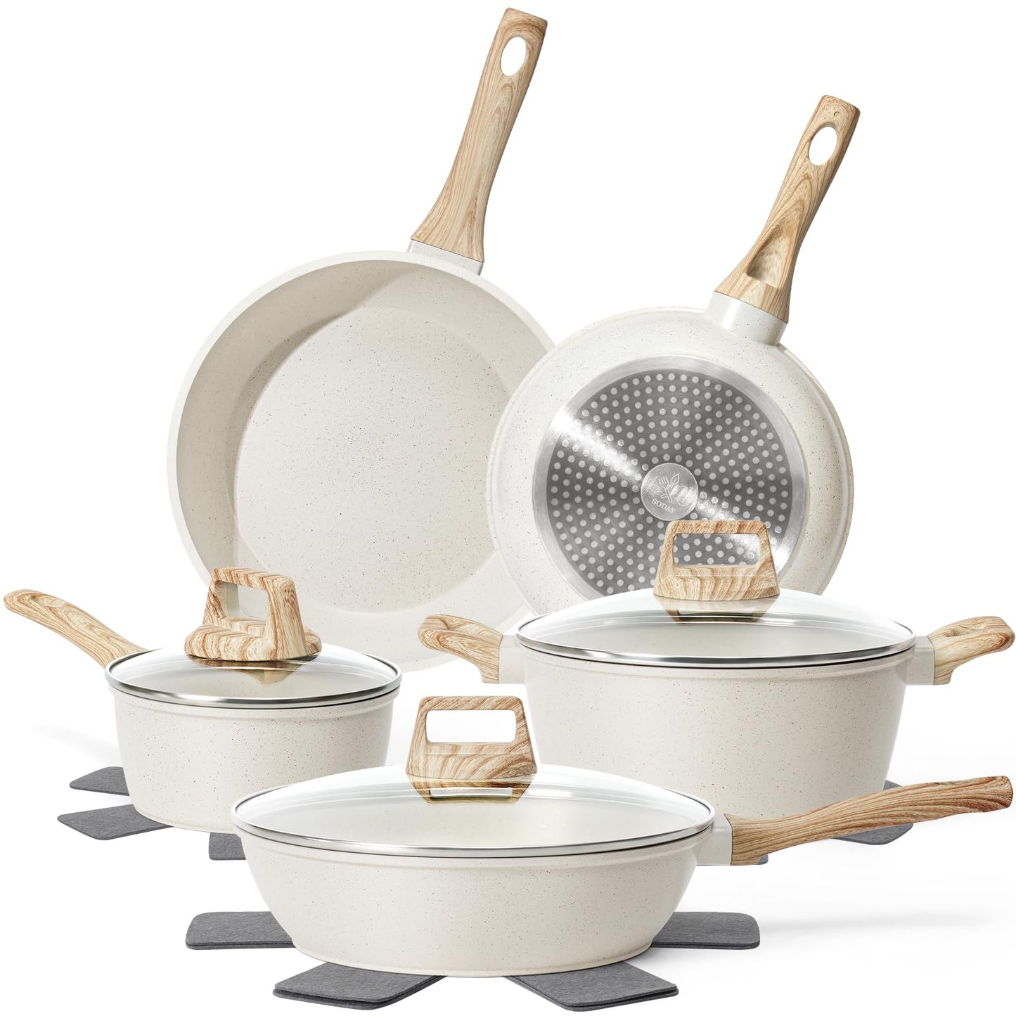 SODAY Pots and Pans Set Non Stick, 13Pcs White Granite Induction Cookware