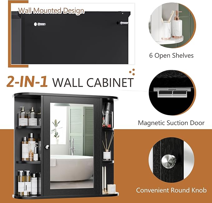 Meilocar Bathroom Mirror Cabinet Wall Mounted, Bathroom Medicine Cabinet with Mirror and 6 Open Shelves, Modern Wall Cabinet, Black