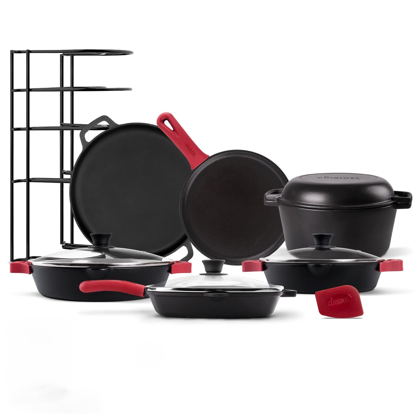 Cuisinel Cast Iron Cookware 18-Piece Set - Pre-Seasoned 6" + 8" + 10" + 12" Skillet + Grill Pan+Lid + Griddle + Pizza Pan + Dutch Oven+Pan Cover + Panrack + Silicone Handle Grips + Pan Scraper/Cleaner