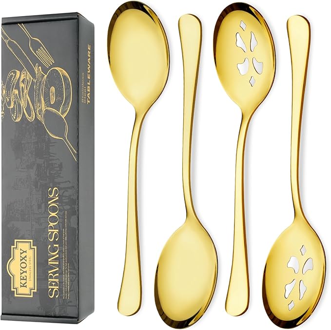 Keyoxy 4 Piece Stainless Steel Serving Spoon Set - 2 Large, 2 Slotted,Dishwasher Safe,10-Inch,Gold, for Parties/Kitchen/Buffet/Catering