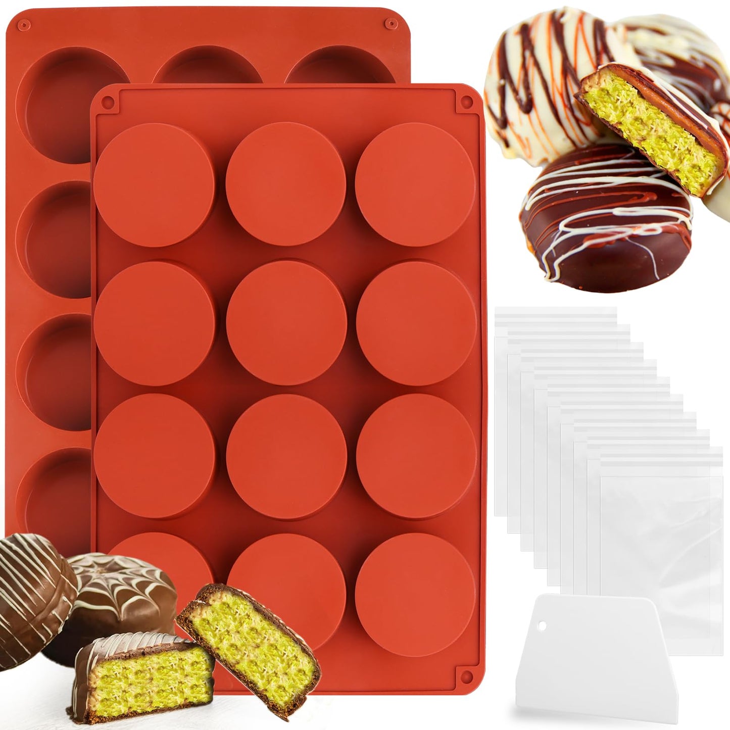 Mity Rain Silicone Chocolate Bar Molds - Round, Fix Pistachio Cream Filling, Dubai Candy Bar Molds with Scraper & Bags (1pc)