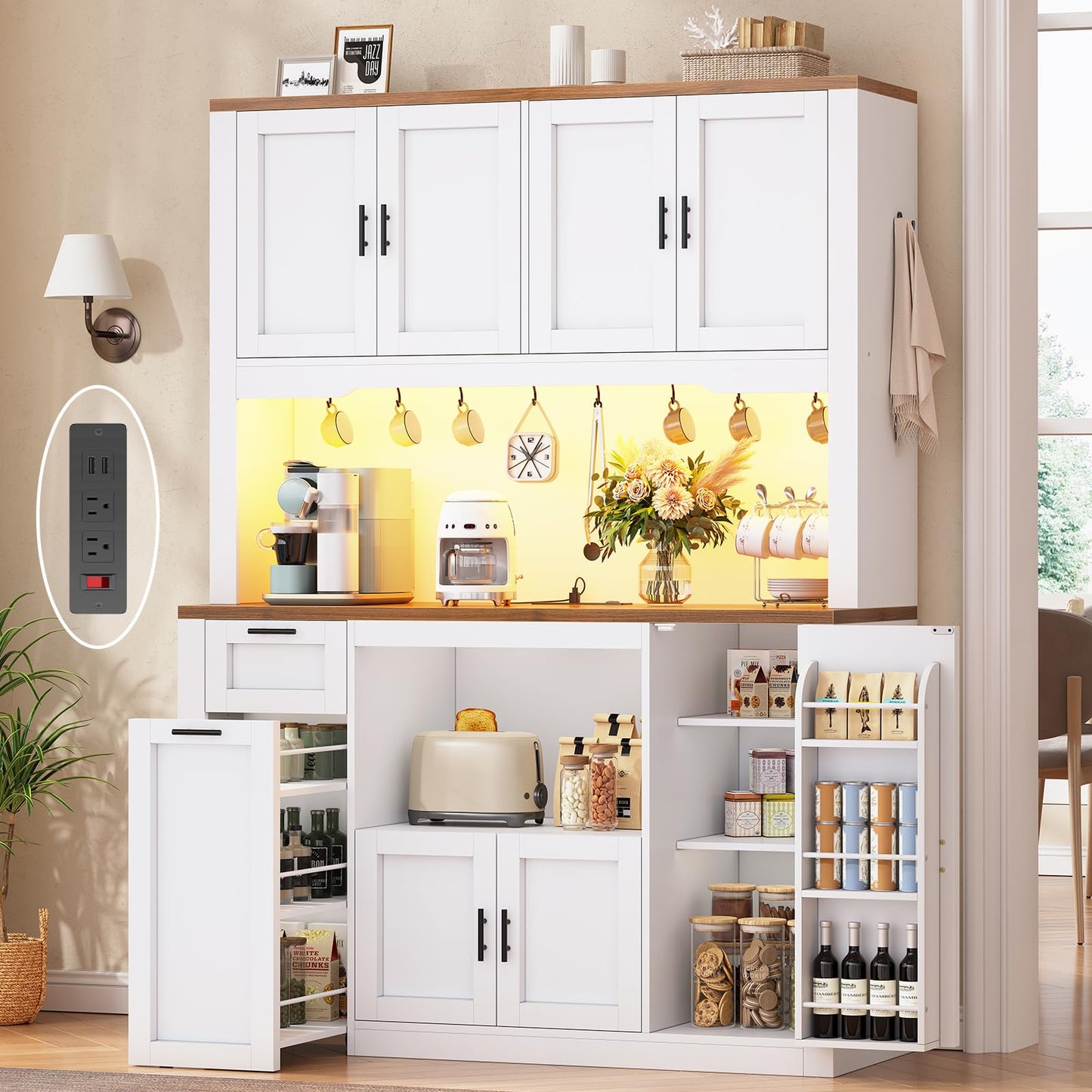Itaar 71" Pantry Cabinet with Charging Station and LED Light, Kitchen Pantry Cabinet with Microwave Stand, 47.2" Wide Kitchen Storage Cabinets with Storage Cart 3 Tier for Dining Room, Grey