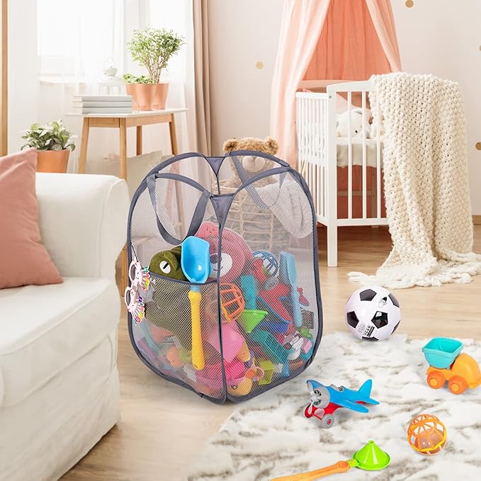 BATTOO Deluxe Strong Mesh Pop up Laundry Hamper Basket with Side Pocket Foldable Hamper for Laundry Room, Bathroom, Kids Room, College Dorm or Travel Grey + White