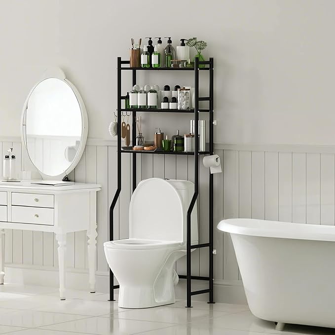 3-Tier Over The Toilet Storage with Paper Holder, Metal Bathroom Organizers and Storage for Small Space, Freestanding Bathroom Shelves with 4 Hooks, Above The Toilet Storage Shelf (Black)