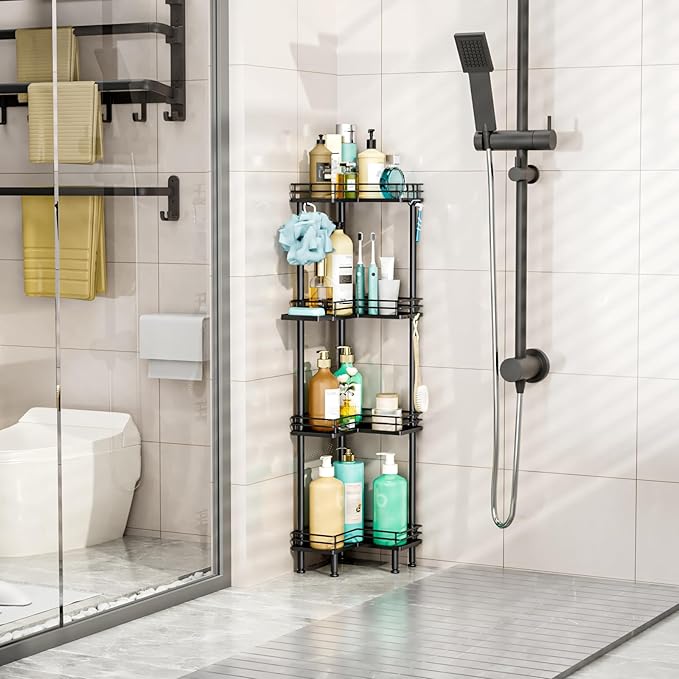 HapiRm Corner Shower Caddy Organizer - 4 Tier Shower Shelf Corner with Soap Holder, Rustproof Bathroom Standing Organizer with 4 Hooks, Black