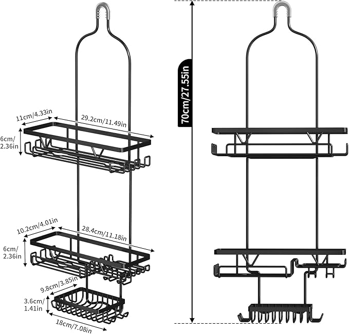Shower Caddy Hanging, Anti-Swing Over Head Shower Caddy, Rustproof Bathroom Organizer with Soap Holder & Hooks