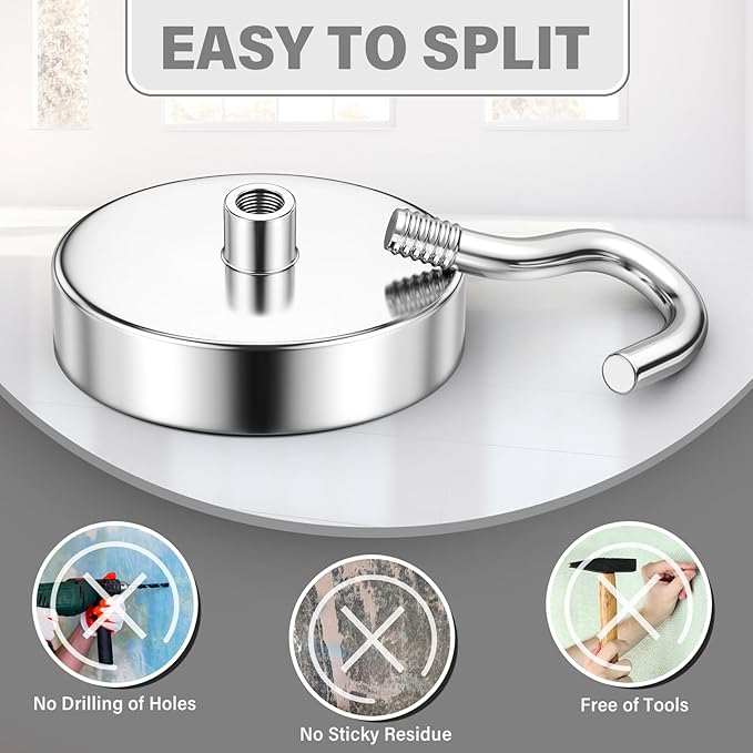 Magnetic Hooks, 170lbs Strong Magnet Hooks for Cruise Cabin, Strong Magnets Heavy Duty, Magnetic Key Holder for Fridge, Kitchen, Grills, Office, Classroom, 4 Pack, Silver