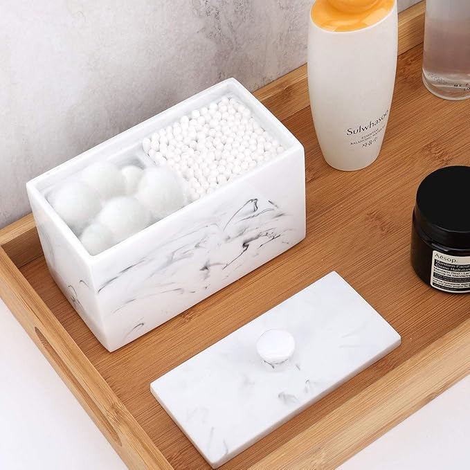 Luxspire Cotton Swab Holder, Qtip Holder Dispenser with Lid, 2 Compartments Cotton Ball Organizer, Bathroom Container for Cotton Round, Floss, Marble Bathroom Accessories - Ink White
